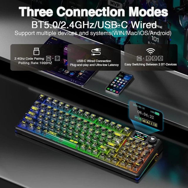 Alt view image 3 of 7 - F98 Pro V3 Wireless Mechanical Keyboard with Transparent Keycaps,Hot-swappable,Pre-lubed Linear Switches,Gasket Structure,RGB Backlit,TFT Screen,BT5.0/2.4G/USB-C Wired Computer Keyboard
