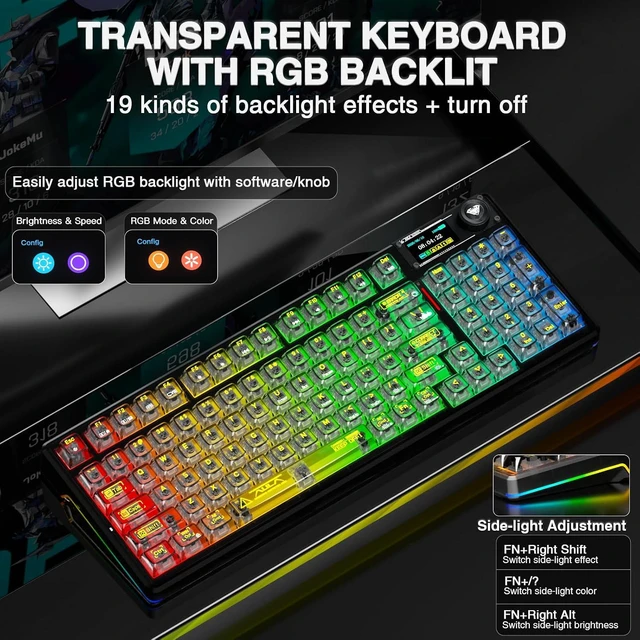 Alt view image 4 of 7 - F98 Pro V3 Wireless Mechanical Keyboard with Transparent Keycaps,Hot-swappable,Pre-lubed Linear Switches,Gasket Structure,RGB Backlit,TFT Screen,BT5.0/2.4G/USB-C Wired Computer Keyboard