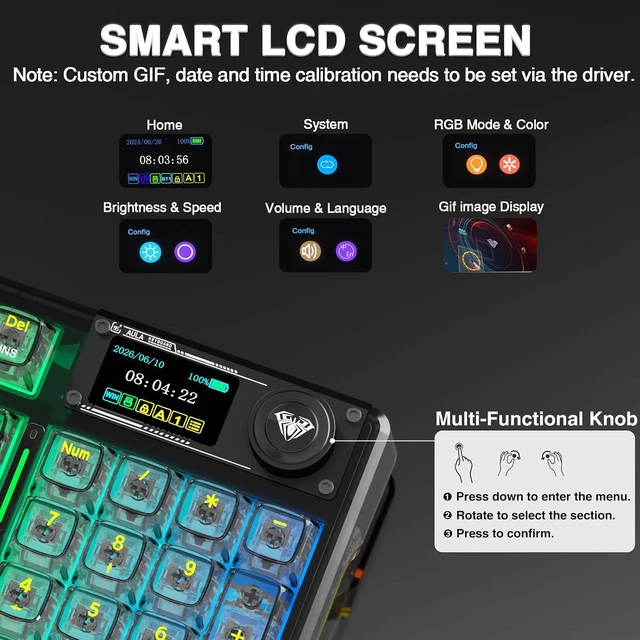 Alt view image 5 of 7 - F98 Pro V3 Wireless Mechanical Keyboard with Transparent Keycaps,Hot-swappable,Pre-lubed Linear Switches,Gasket Structure,RGB Backlit,TFT Screen,BT5.0/2.4G/USB-C Wired Computer Keyboard