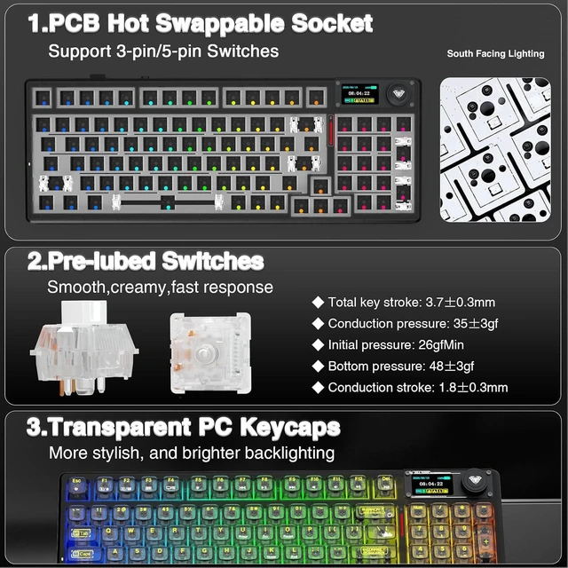 Alt view image 6 of 7 - F98 Pro V3 Wireless Mechanical Keyboard with Transparent Keycaps,Hot-swappable,Pre-lubed Linear Switches,Gasket Structure,RGB Backlit,TFT Screen,BT5.0/2.4G/USB-C Wired Computer Keyboard