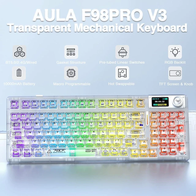 Alt view image 2 of 7 - F98 Pro Wireless Mechanical Keyboard with Transparent Keycaps,Hot-swappable,Pre-lubed Linear Switches,Gasket Structure,RGB Backlit,OLED Screen,BT5.0/2.4G/USB-C Wired Computer Keyboard