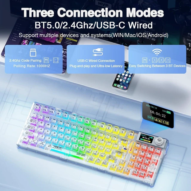Alt view image 3 of 7 - F98 Pro Wireless Mechanical Keyboard with Transparent Keycaps,Hot-swappable,Pre-lubed Linear Switches,Gasket Structure,RGB Backlit,OLED Screen,BT5.0/2.4G/USB-C Wired Computer Keyboard