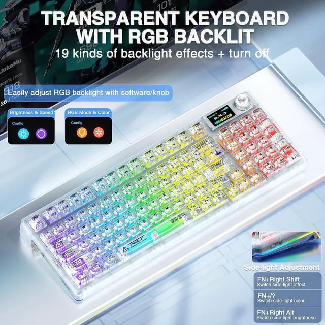 Alt view image 4 of 7 - F98 Pro Wireless Mechanical Keyboard with Transparent Keycaps,Hot-swappable,Pre-lubed Linear Switches,Gasket Structure,RGB Backlit,OLED Screen,BT5.0/2.4G/USB-C Wired Computer Keyboard