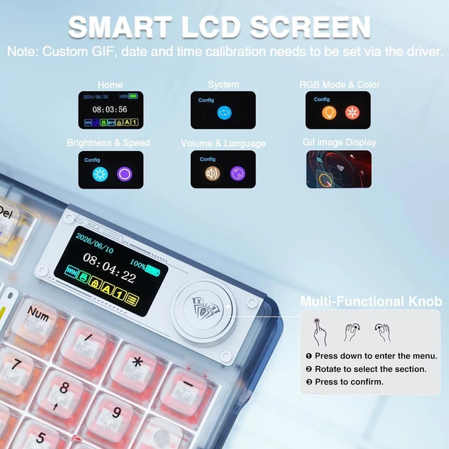 Alt view image 5 of 7 - F98 Pro Wireless Mechanical Keyboard with Transparent Keycaps,Hot-swappable,Pre-lubed Linear Switches,Gasket Structure,RGB Backlit,OLED Screen,BT5.0/2.4G/USB-C Wired Computer Keyboard