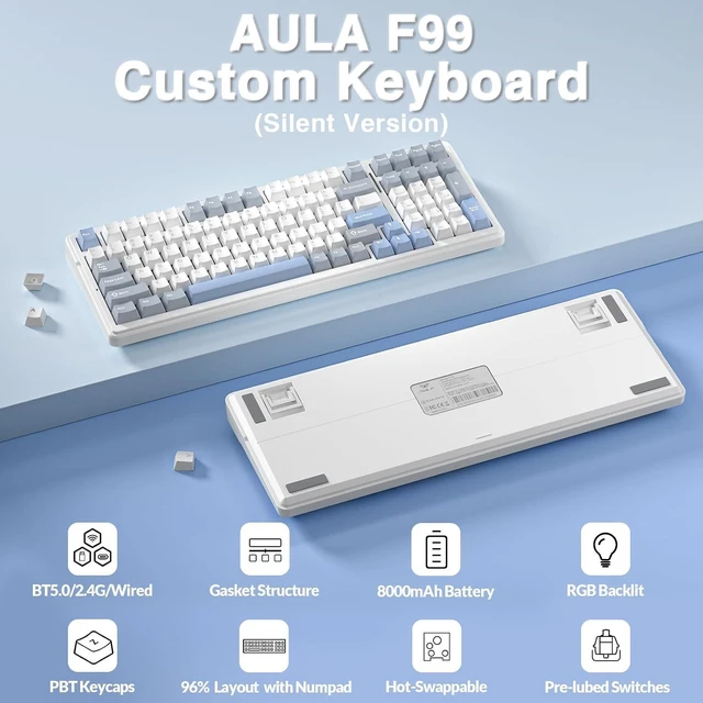 Alt view image 2 of 7 - F99 Wireless Mechanical Keyboard-Silent Version,Triple-Mode(BT5.0/2.4GHz/USB-C),Gasket Mounted,Hot Swappable Keyboard with Pre-lubed Linear Switches,RGB Backlit PC Gaming Keyboards for Win/Mac