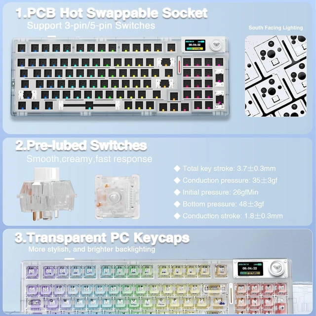 Alt view image 6 of 7 - F98 Pro Wireless Mechanical Keyboard with Transparent Keycaps,Hot-swappable,Pre-lubed Linear Switches,Gasket Structure,RGB Backlit,OLED Screen,BT5.0/2.4G/USB-C Wired Computer Keyboard