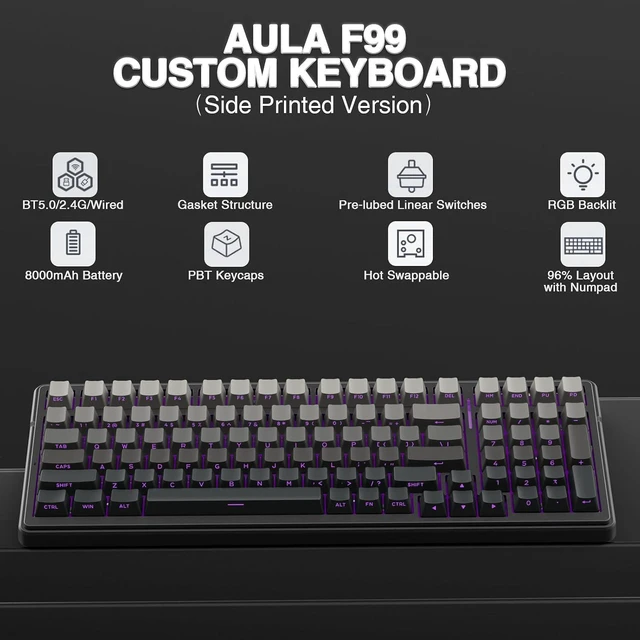 Alt view image 2 of 7 - F99 Wireless Mechanical Keyboard,Gasket Structure Hot Swappable Custom Keyboard,RGB Backlit,Creamy Sound,Side Printed PBT Keycaps,2.4GHz/USB-C/BT5.0 Computer Gaming Keyboards