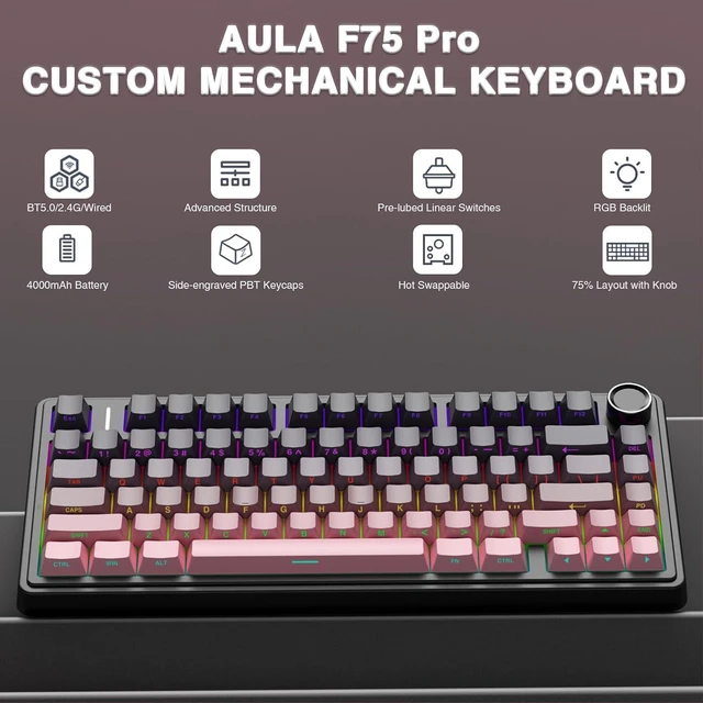 Alt view image 2 of 7 - F75 Pro Wireless Mechanical Keyboard,75% Hot Swappable Custom Keyboard,RGB Backlit,Pre-lubed Reaper Switches,Side Printed PBT Keycaps Mechanical Gaming Keyboards, Pink&Black