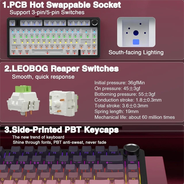 Alt view image 6 of 7 - F75 Pro Wireless Mechanical Keyboard,75% Hot Swappable Custom Keyboard,RGB Backlit,Pre-lubed Reaper Switches,Side Printed PBT Keycaps Mechanical Gaming Keyboards, Pink&Black