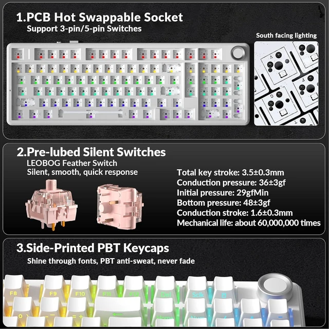 Alt view image 5 of 7 - F99 Pro Wireless Mechanical Keyboard-Silent Version,BT5.0/2.4GHz/USB-C Hot Swappable Custom Keyboard,Gasket Structure,Pre-lubed Linear Switches RGB Backlit Computer Gaming Keyboards,White