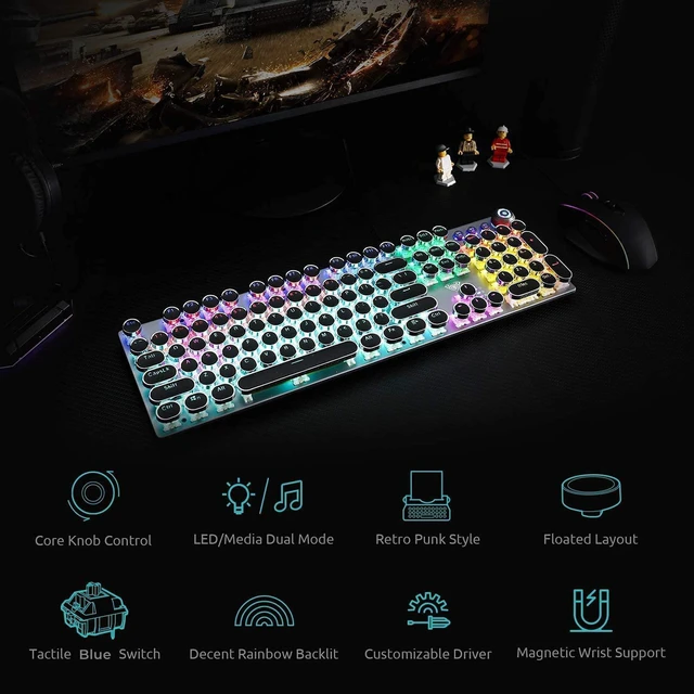 Alt view image 6 of 7 - Wired Gaming Keyboard Mouse Combo,Rainbow Backlit Typewriter Style Mechanical Keyboard + 12800 DPI RGB Backlit Gaming Mouse
