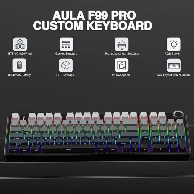 Alt view image 3 of 7 - Wireless Keyboard and Mouse Combo, F99 Pro Mechanical Keyboards with Knob,Tri-Mode Hot Swappable Keyboard+SC580 Wireless Gaming Mouse Black