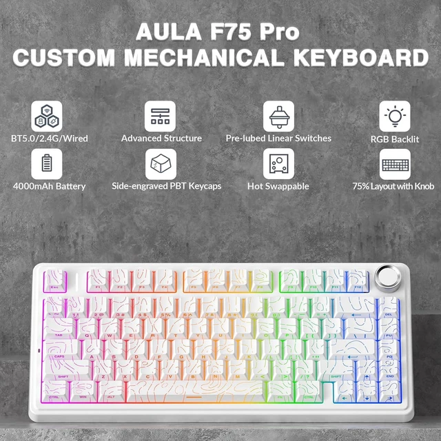 Alt view image 2 of 7 - F75 Pro Wireless Mechanical Keyboard with Knob,75% Hot Swappable Custom Gaming Keyboards,RGB Backlit,Pre-lubed Switches,Side Printed PBT Keycaps Creamy Sounding Computer Keyboard, Line White