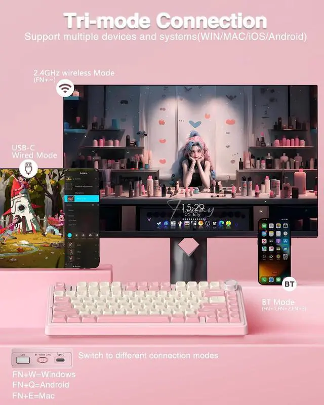 Alt view image 4 of 7 - Wireless Keyboard and Mouse Combo, F75 75% Mechanical Keyboards, Hot Swappable Custom Keyboard+SC580 Wireless Gaming Mouse