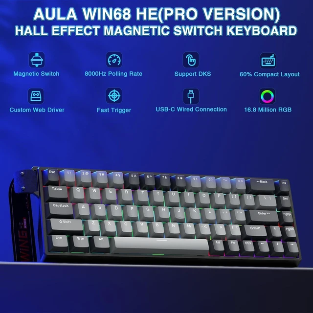 Alt view image 2 of 7 - WIN68 HE PRO - Hall Effect Gaming Keyboard with Magnetic Switch, Fast Trigger Mode Adjustable Actuation, 8KHz Polling Rate, Wired RGB Backlit Mechanical Gaming Keyboard 60 Percent Compact Design