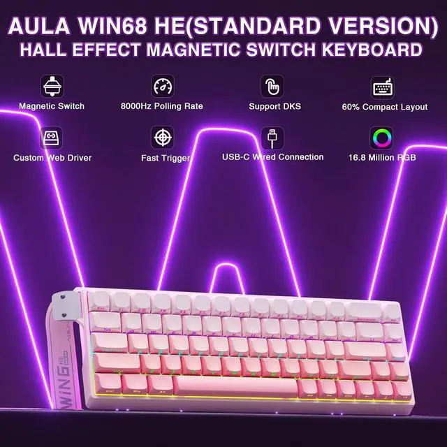 Alt view image 2 of 7 - WIN68 HE Mechanical Gaming Keyboard 60%, Hall Effect Magnetic Switch, Fast Trigger Mode Adjustable Actuation, 8000Hz Polling Rate, RGB Backlit, Wired Pink Keyboard for Laptop/PC Gamer