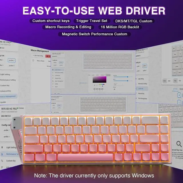 Alt view image 5 of 7 - WIN68 HE Mechanical Gaming Keyboard 60%, Hall Effect Magnetic Switch, Fast Trigger Mode Adjustable Actuation, 8000Hz Polling Rate, RGB Backlit, Wired Pink Keyboard for Laptop/PC Gamer