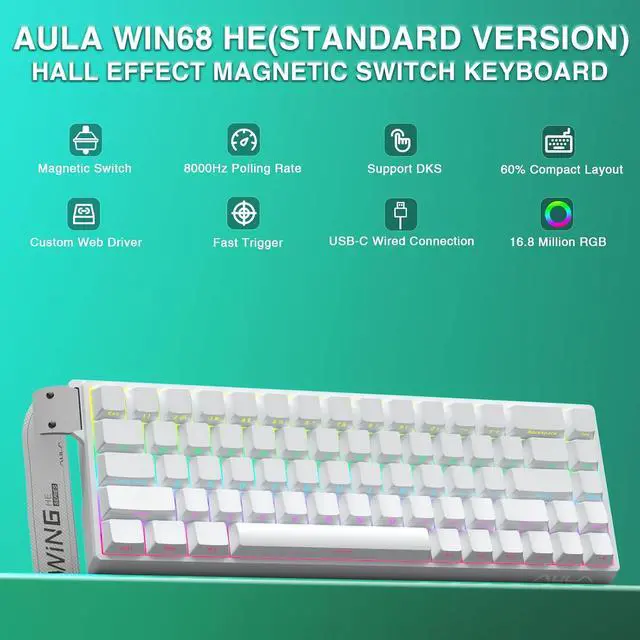 Alt view image 2 of 7 - WIN68 HE Mechanical Gaming Keyboard 60%, Hall Effect Magnetic Switch, Fast Trigger Mode Adjustable Actuation, 8000Hz Polling Rate, RGB Backlit, Wired White Keyboard for Laptop/PC Gamer