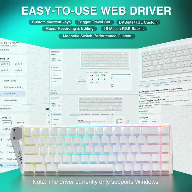 Alt view image 5 of 7 - WIN68 HE Mechanical Gaming Keyboard 60%, Hall Effect Magnetic Switch, Fast Trigger Mode Adjustable Actuation, 8000Hz Polling Rate, RGB Backlit, Wired White Keyboard for Laptop/PC Gamer