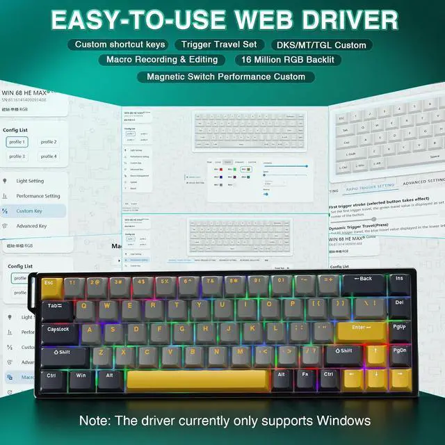 Alt view image 5 of 7 - WIN68 HE MAX - Hall Effect Gaming Keyboard with Magnetic Switch, Adjustable Actuation Fast Trigger Mode, 8KHz Polling Rate, RGB Backlit Wired Mechanical Gaming Keyboard 60 Percent