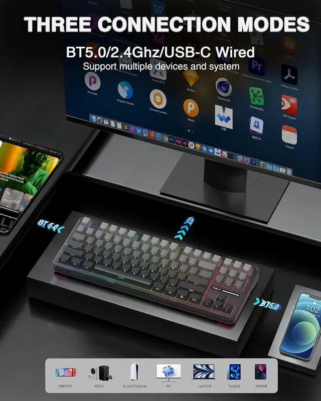 Alt view image 5 of 7 - F87 Pro Wireless Mechanical Keyboard,Tri-Mode BT5.0/2.4GHz/USB-C Gasket Hot Swappable Custom Keyboard+SC580 Wireless Gaming Mouse Black