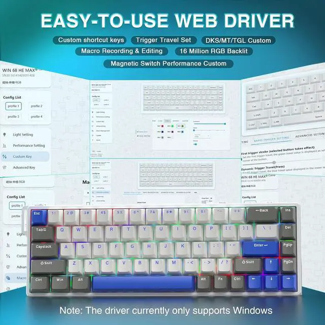 Alt view image 5 of 7 - WIN68 HE MAX - Hall Effect Gaming Keyboard with Magnetic Switch, Adjustable Actuation Fast Trigger Mode, 8KHz Polling Rate, RGB Backlit Wired Mechanical Gaming Keyboard 60 Percent Compact Design