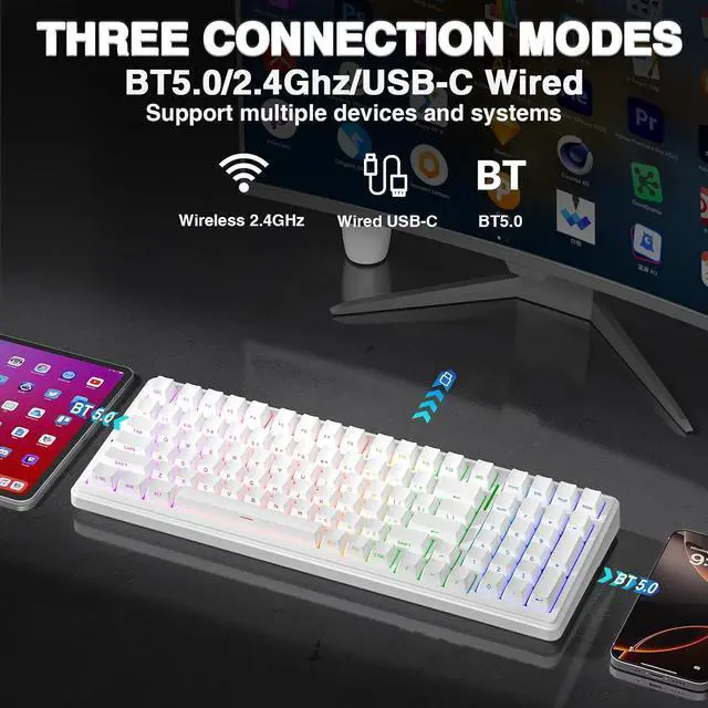 Alt view image 3 of 7 - F99 Wireless Mechanical Keyboard,Triple-Mode(BT5.0/2.4GHz/USB-C),Gasket Mounted Creamy Keyboard with Linear Switches, Side Printed PBT Keycaps,RGB Backlit PC Gaming Keyboards for Win/Mac