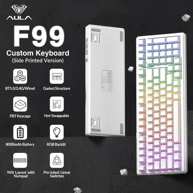 Alt view image 2 of 7 - F99 Wireless Mechanical Keyboard,Triple-Mode(BT5.0/2.4GHz/USB-C),Gasket Mounted Creamy Keyboard with Linear Switches, Side Printed PBT Keycaps,RGB Backlit PC Gaming Keyboards for Win/Mac