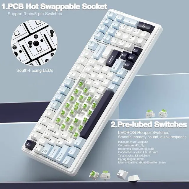 Alt view image 5 of 7 - F99 Wireless Mechanical Keyboard, Hot Swappable Custom Keyboard,Pre-lubed Linear Switches,Gasket Structure,RGB Backlit Gaming Keyboard (Blue&White)