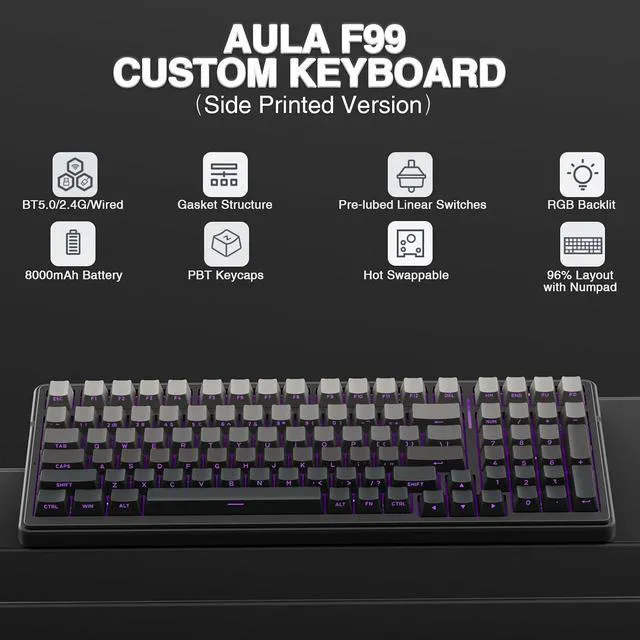 Alt view image 2 of 7 - F99 Wireless Mechanical Keyboard,Gasket Structure Hot Swappable Custom Keyboard,RGB Backlit,Creamy Sound,Side Printed PBT Keycaps,2.4GHz/USB-C/BT5.0 Computer Gaming Keyboards