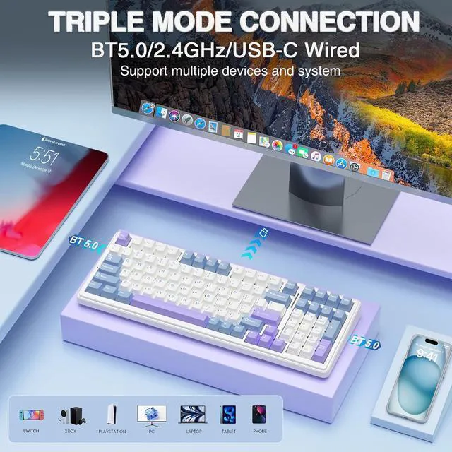 Alt view image 3 of 7 - F99 Wireless Mechanical Keyboard,Tri-Mode BT5.0/2.4GHz/USB-C Hot Swappable Custom Keyboard,Pre-lubed Linear Switches,Gasket Structure,RGB Backlit Gaming Keyboard for PC/Tablet/Xbox/PS4/PS5