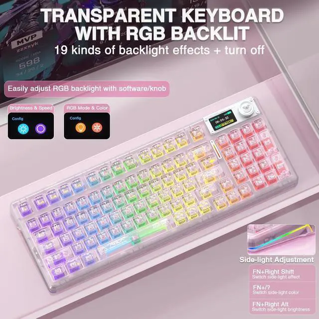 Alt view image 3 of 7 - F98 Pro V3 Wireless Mechanical Keyboard with Transparent Keycaps,Hot-swappable,Pre-lubed Linear Switches,Gasket Structure,RGB Backlit,TFT Screen,BT5.0/2.4G/USB-C Wired Computer Keyboard