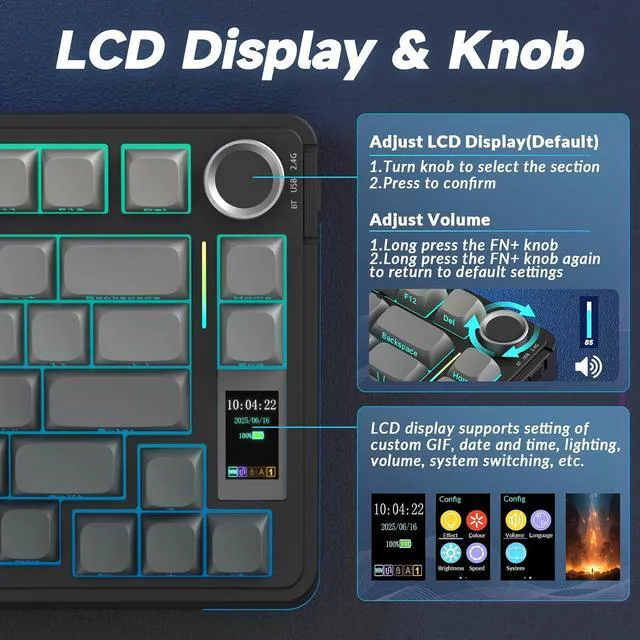 Alt view image 3 of 7 - S75 PRO Wireless Mechanical Keyboard with Screen&Knob, Tri-Mode Hot Swappable Gaming Keyboard 75%, Pre-lubed Switches, RGB Backlit, Side Printed PBT Keycaps, Creamy Sounding Computer Keyboards