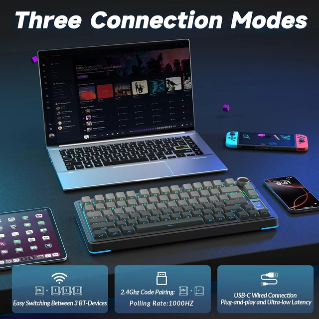 Alt view image 4 of 7 - S75 PRO Wireless Mechanical Keyboard with Screen&Knob, Tri-Mode Hot Swappable Gaming Keyboard 75%, Pre-lubed Switches, RGB Backlit, Side Printed PBT Keycaps, Creamy Sounding Computer Keyboards