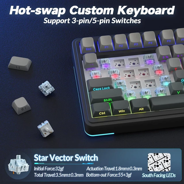 Alt view image 5 of 7 - S75 PRO Wireless Mechanical Keyboard with Screen&Knob, Tri-Mode Hot Swappable Gaming Keyboard 75%, Pre-lubed Switches, RGB Backlit, Side Printed PBT Keycaps, Creamy Sounding Computer Keyboards