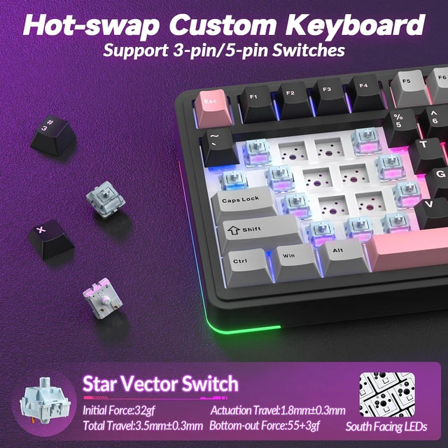 Alt view image 6 of 7 - S75 PRO Wireless Mechanical Keyboard with Screen&Knob, 75% Hot Swappable Gaming Keyboard with Pre-lubed Switches, RGB Backlit, PBT Keycaps Creamy Sounding Pc Gaming Keyboards