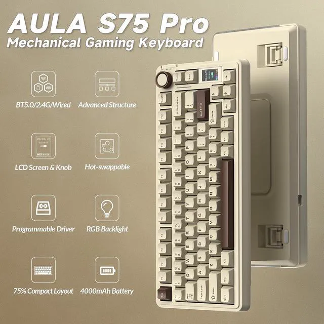 Alt view image 2 of 7 - S75 PRO Wireless Mechanical Keyboard with Screen&Knob, 75% Hot Swappable Gaming Keyboard with Pre-lubed Switches, RGB Backlit, PBT Keycaps, Creamy Sounding Computer Keyboards