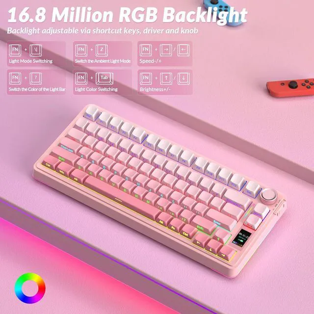 Alt view image 5 of 7 - S75 PRO Wireless Mechanical Keyboard with Screen&Knob, Tri-Mode Hot Swappable Gaming Keyboard 75%, Pre-lubed Switches, RGB Backlit, Side Printed PBT Keycaps, Creamy Sounding Pink Keyboards