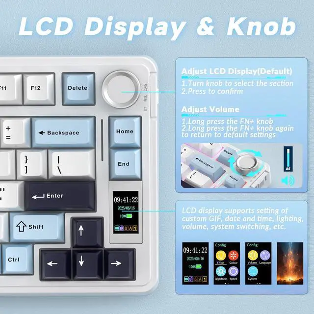 Alt view image 3 of 7 - S75 PRO Wireless Mechanical Keyboard with Screen&Knob, 75% Hot Swappable Gaming Keyboard with Pre-lubed Switches, RGB Backlit, PBT Keycaps Creamy Sounding Pc Gaming Keyboards