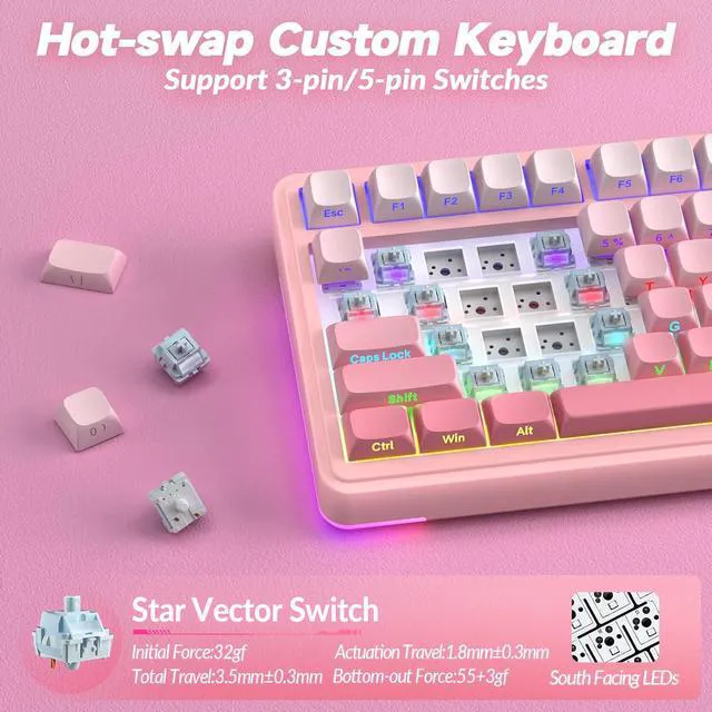 Alt view image 6 of 7 - S75 PRO Wireless Mechanical Keyboard with Screen&Knob, Tri-Mode Hot Swappable Gaming Keyboard 75%, Pre-lubed Switches, RGB Backlit, Side Printed PBT Keycaps, Creamy Sounding Pink Keyboards