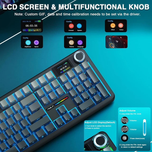 Alt view image 3 of 7 - F108 PRO - Wireless Mechanical Keyboard with Screen & Knob,Full Size Keyboard with 8000mAh Battery,Pre-lubed Switches,Side Printed PBT Keycaps,RGB Backlit Hot Swappable Custom Gaming Keyboards