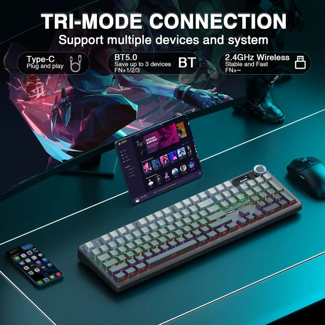 Alt view image 4 of 7 - F108 PRO - Wireless Mechanical Keyboard with Screen & Knob,Full Size Keyboard with 8000mAh Battery,Pre-lubed Switches,Side Printed PBT Keycaps,RGB Backlit Hot Swappable Custom Gaming Keyboards