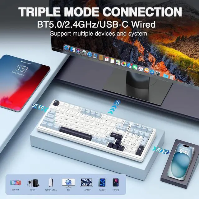 Alt view image 4 of 7 - Gaming Keyboard and Mouse, F99 Wireless Mechanical Keyboards Hot Swappable Custom Keyboard+SC580 Wireless Gaming Mouse Black