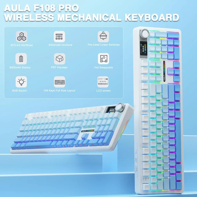 Alt view image 2 of 7 - F108 PRO - Wireless Mechanical Keyboard with Screen&Knob,Hot Swappable Gaming Keyboard with 8000mAh Battery,Pre-lubed Switches,RGB Backlit,PBT Keycaps Creamy Sounding Computer Keyboards,104 Keys