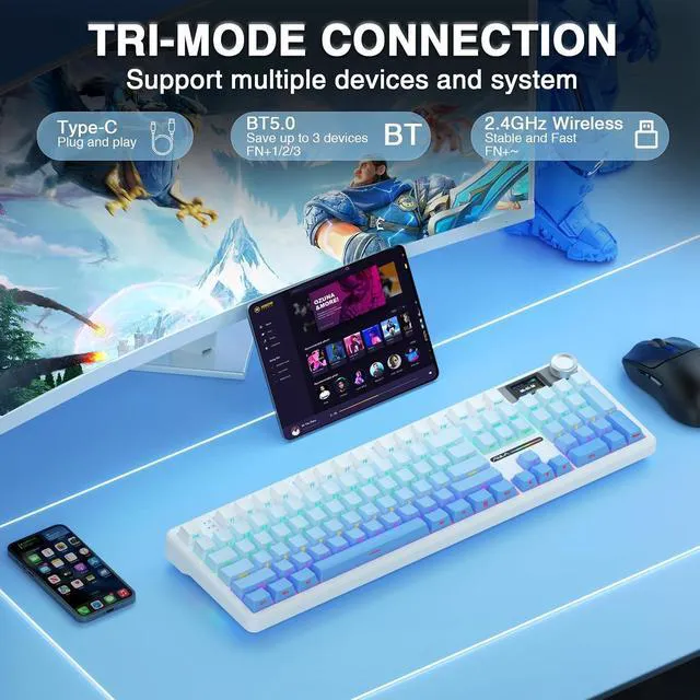 Alt view image 4 of 7 - F108 PRO - Wireless Mechanical Keyboard with Screen&Knob,Hot Swappable Gaming Keyboard with 8000mAh Battery,Pre-lubed Switches,RGB Backlit,PBT Keycaps Creamy Sounding Computer Keyboards,104 Keys