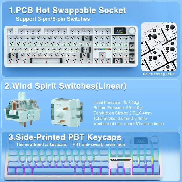 Alt view image 5 of 7 - F108 PRO - Wireless Mechanical Keyboard with Screen&Knob,Hot Swappable Gaming Keyboard with 8000mAh Battery,Pre-lubed Switches,RGB Backlit,PBT Keycaps Creamy Sounding Computer Keyboards,104 Keys