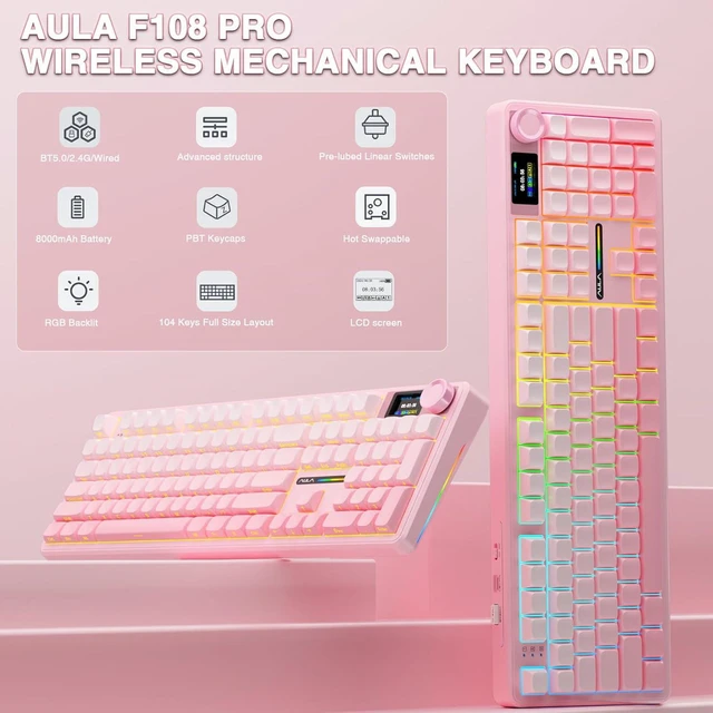 Alt view image 2 of 7 - F108 PRO - Wireless Mechanical Keyboard with Screen & Knob,Full Size Keyboard with 8000mAh Battery,Pre-lubed Switches,Side Printed PBT Keycaps,RGB Backlit Hot Swappable Custom Pink Keyboards