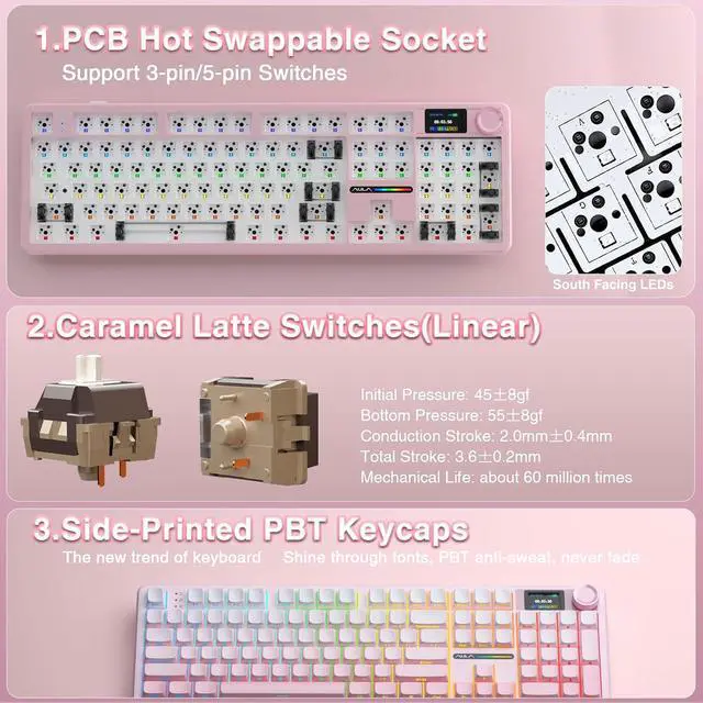 Alt view image 5 of 7 - F108 PRO - Wireless Mechanical Keyboard with Screen & Knob,Full Size Keyboard with 8000mAh Battery,Pre-lubed Switches,Side Printed PBT Keycaps,RGB Backlit Hot Swappable Custom Pink Keyboards