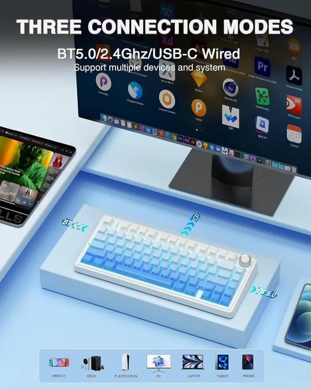 Alt view image 4 of 7 - Wireless Keyboard and Mouse Combo, F75 Pro 75% Hot Swappable Custom Keyboards+SC580 Wireless Gaming Mouse White