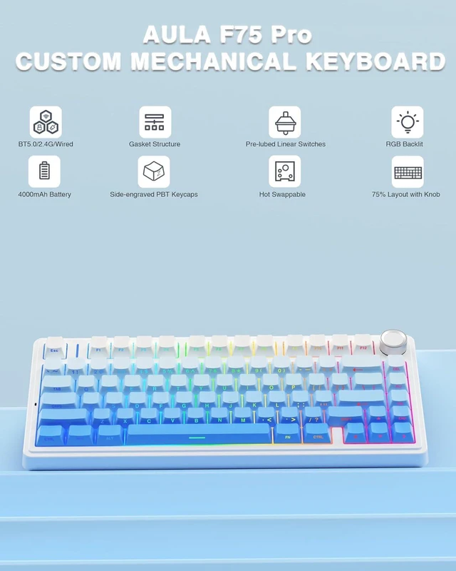 Alt view image 3 of 7 - Wireless Keyboard and Mouse Combo, F75 Pro 75% Hot Swappable Custom Keyboards+SC580 Wireless Gaming Mouse White